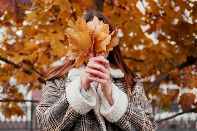 žena držící podzimní listí