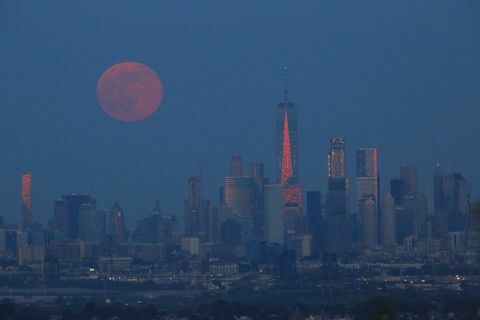 jahodový měsíc stoupá nad městem New York