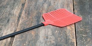 červená plácačka na mouchy jednoduchá plácačka na mouchy vyrobená z plastu a neochvějná v chytání much na dřevěné podlaze pozadí