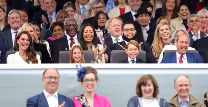 Londýn, Anglie červen 04 l r Catherine, vévodkyně z cambridge, princezna charlotte z cambridge, princ george z cambridge, princ william, vévoda z cambridge hodinky Medvěd paddington a hm královna na obrazovce během platinové párty v paláci před Buckinghamským palácem dne 4. června 2022 v Londýně, Anglie platina jubileum Alžběty II. se slaví od 2. června do 5. června 2022 ve Velké Británii a Commonwealthu u příležitosti 70. výročí nastoupení královny Alžběty ii dne 6. února 1952 fotografie chris jackson wpa poolgetty images dne 04. června 2022 v Londýně v Anglii se slaví platinové jubileum Elizabeth II. 2. června až 5. června 2022 ve Velké Británii a Commonwealthu u příležitosti 70. výročí nastoupení královny Alžběty II. dne 6. února 1952 foto: chris jacksongetty snímky