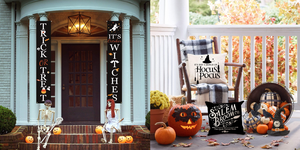 přední veranda s halloweenskými prapory a hocus pocus polštáři a dýněmi