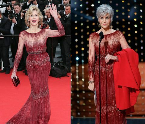 Šaty Jane Fonda Oscars 2020 a červený kabát