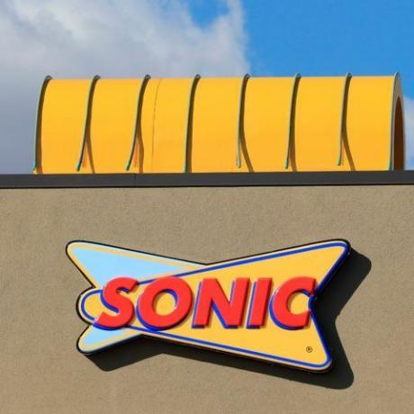 close up of sonic restaurant drive in logo on store front, northern idaho photo by don melinda crawfordeducation imagesuniversal images group via getty images
