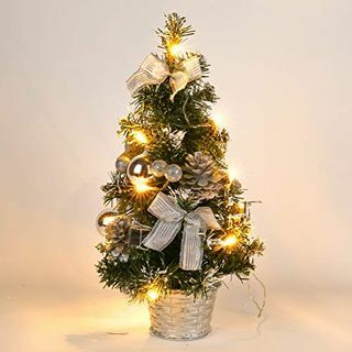 Malý vánoční strom Mrinb se světly, mini stolní ozdobný strom pro domácí kancelářský nákupní bar (stříbrný)